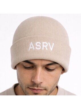 ASRV Beige White Knit Beanie Hat Touque Logo Unisex Winter Cap Mens Womens New